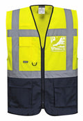 Introducing the PW924 by Portwest: a high-visibility yellow safety vest with grey reflective stripes, complete with multiple pockets and a front zipper closure.
