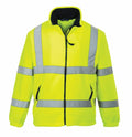 The Portwest PW963 is a bright yellow high-visibility jacket featuring gray reflective stripes, a black zipper, and convenient pockets.