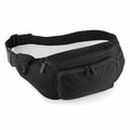 The Quadra QD012 is a black waist bag crafted from fabric, featuring multiple zippered compartments and an adjustable strap.