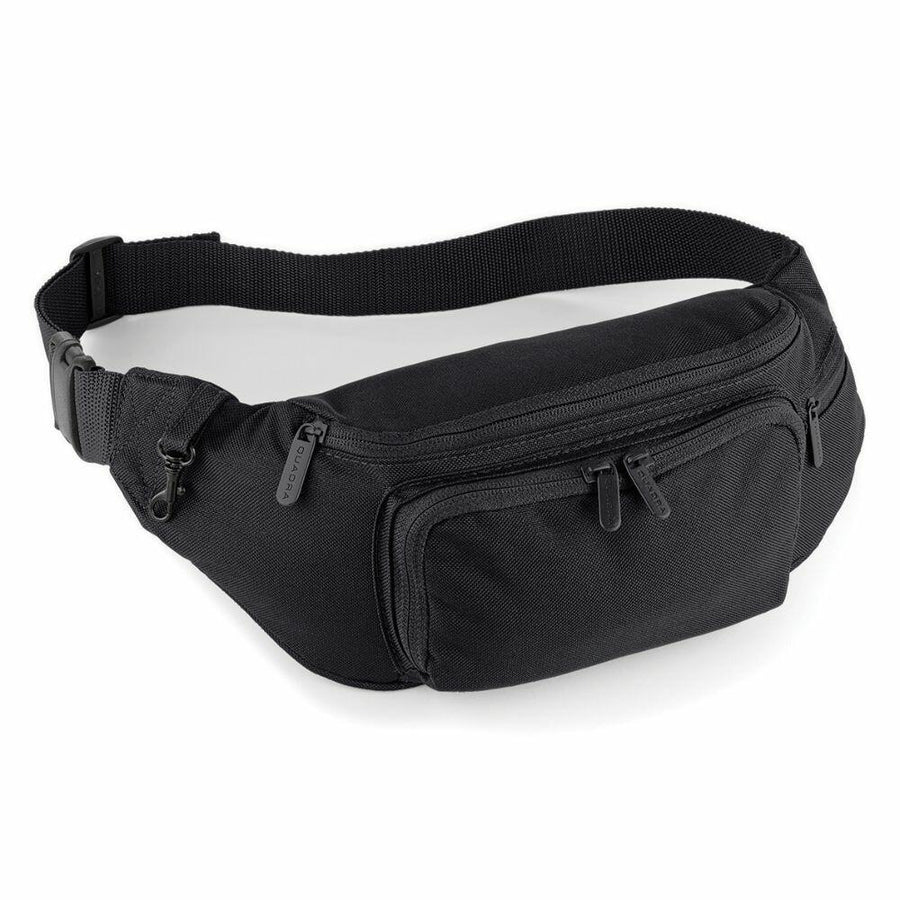 The Quadra QD012 is a black waist bag crafted from fabric, featuring multiple zippered compartments and an adjustable strap.