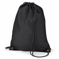 A black Quadra QD017 backpack featuring a drawstring closure, grommets at the bottom corners, and adjustable straps.