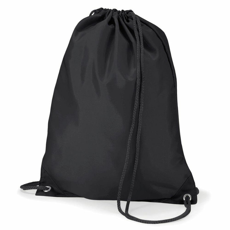 A black Quadra QD017 backpack featuring a drawstring closure, grommets at the bottom corners, and adjustable straps.