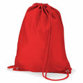 The Quadra QD017 is a vibrant red drawstring backpack featuring two slim red cords. It’s crafted from a smooth, slightly glossy fabric, with cords threaded through metal grommets at the bottom corners to secure the closure and create comfortable shoulder straps.