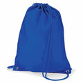 A plain blue drawstring backpack from Quadra, model QD017, featuring matching cords and metal eyelets at the bottom corners. The bag is standing upright against a white background.