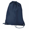 A navy blue drawstring backpack by Quadra, model QD017, featuring a smooth fabric finish and two strings for closure and carrying. The drawstring cords are threaded through metal eyelets at the bottom corners.