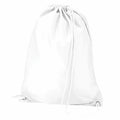 The Quadra QD017 is a plain white drawstring backpack with matching white cords, displayed against a white backdrop. It features eyelets at the bottom corners to facilitate cinching closed at the top.