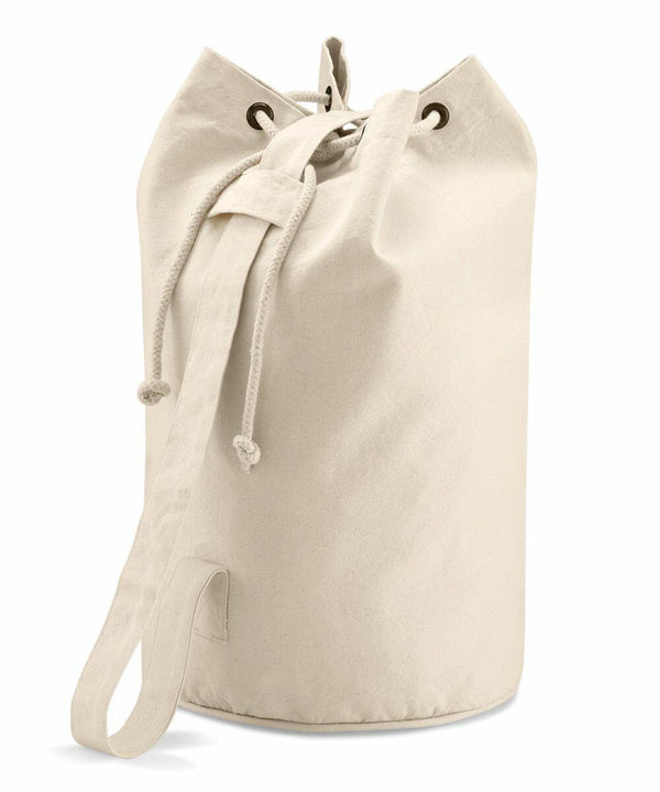 A beige canvas duffel bag with a drawstring closure and a handle on the side, named QD027 by Quadra.