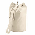 The Quadra QD027 is a spacious beige canvas duffel bag featuring a drawstring closure and a convenient side strap.
