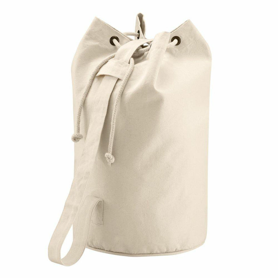 The Quadra QD027 is a spacious beige canvas duffel bag featuring a drawstring closure and a convenient side strap.