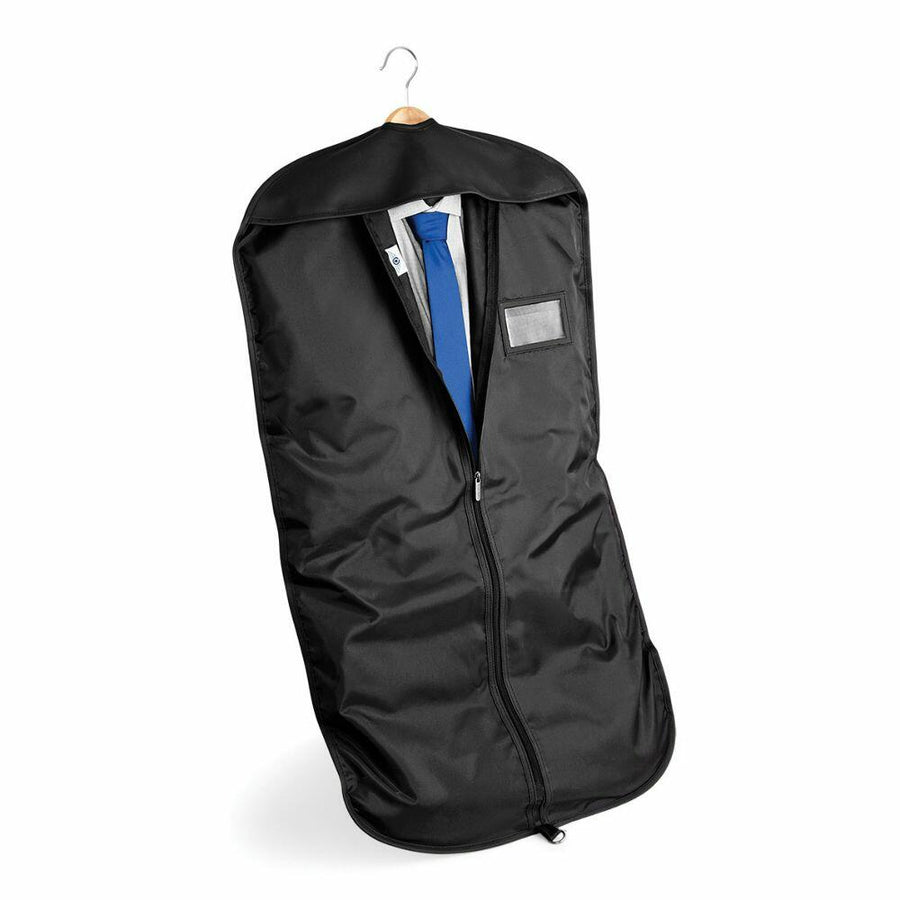 Quadra's QD031 garment bag partially unzipped on a hanger, showcasing a white shirt and blue tie inside.