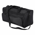 Quadra's QD045 duffel bag in black features a shoulder strap, two handles, and a front zipper pocket, all set against a white background.