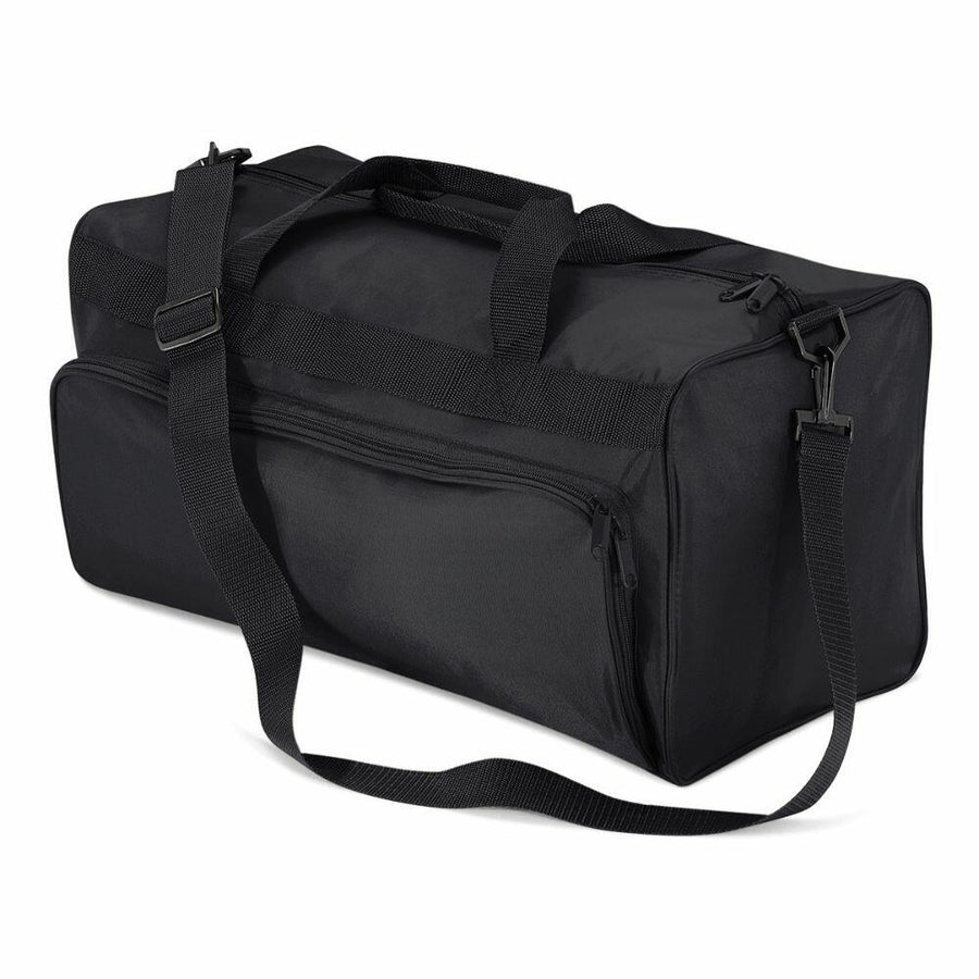 Quadra's QD045 duffel bag in black features a shoulder strap, two handles, and a front zipper pocket, all set against a white background.