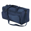 The Quadra QD045 is a navy blue duffel bag featuring a front zipper pocket and an adjustable shoulder strap.