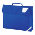 The Quadra QD051 is a blue book bag equipped with a handle and a clear name tag pocket on the front. It includes a flap secured with Velcro and features a reflective strip in the lower corner for added safety.