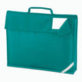 Introducing the QD051 by Quadra: A teal fabric folder equipped with a handle and a flap closure. It features a white rectangular label on the upper right corner, tucked under the flap, and includes a reflective strip at the bottom right corner for enhanced visibility.
