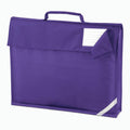 The QD051 book bag by Quadra is purple and features a handle with a flap closure, a label slot on the flap, and a reflective strip at the bottom corner.