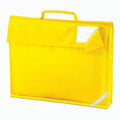 Introducing the QD051 by Quadra: a vibrant yellow book bag designed with a convenient handle and a flap closure. It features a small, transparent pocket on the top right corner of the flap for label display. Additionally, diagonal reflective strips are positioned at the bottom corners to enhance visibility.