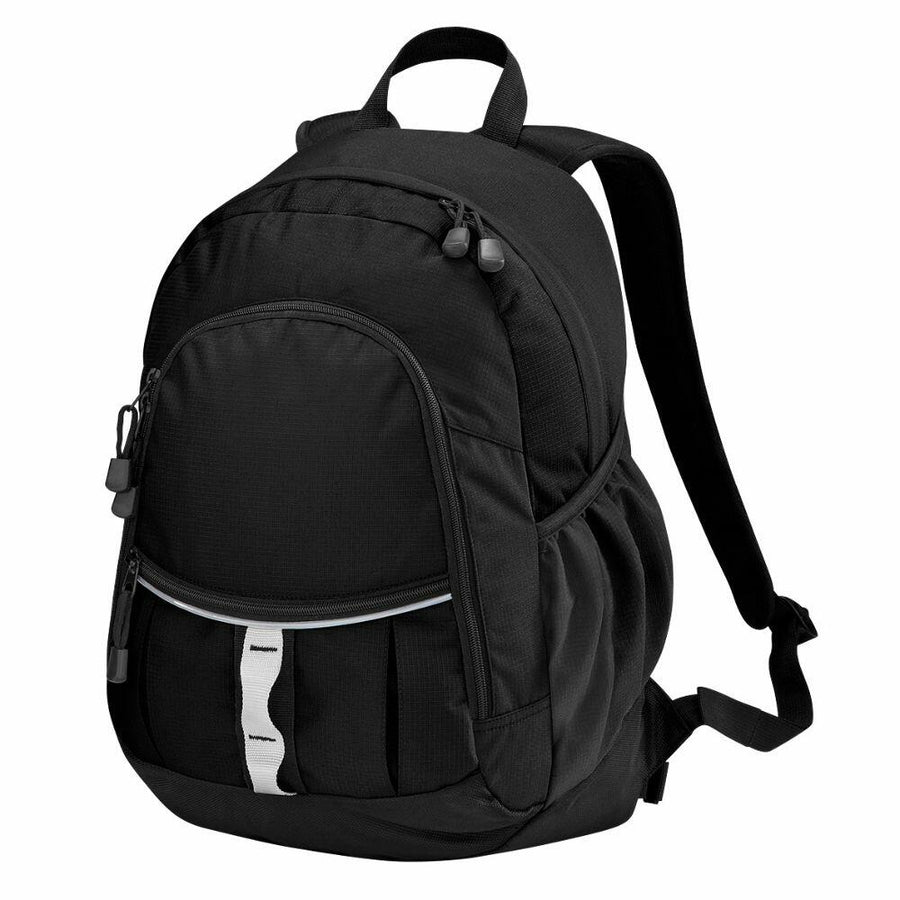 The Quadra QD057 is a black backpack featuring multiple zippered compartments and adjustable straps.