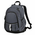 The Quadra QD057 is a gray backpack featuring multiple zippered compartments, a black handle, adjustable straps, and a black base.