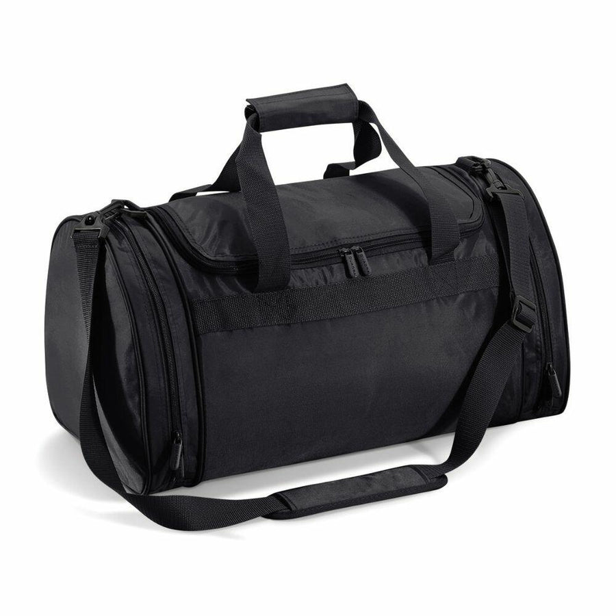 Introducing the Quadra QD070, a sleek black duffel bag featuring a spacious main compartment, side pockets for easy organization, a convenient top handle, and an adjustable shoulder strap for comfortable carrying.
