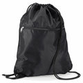 A black Quadra QD071 drawstring backpack featuring a front zippered pocket is displayed against a white background.