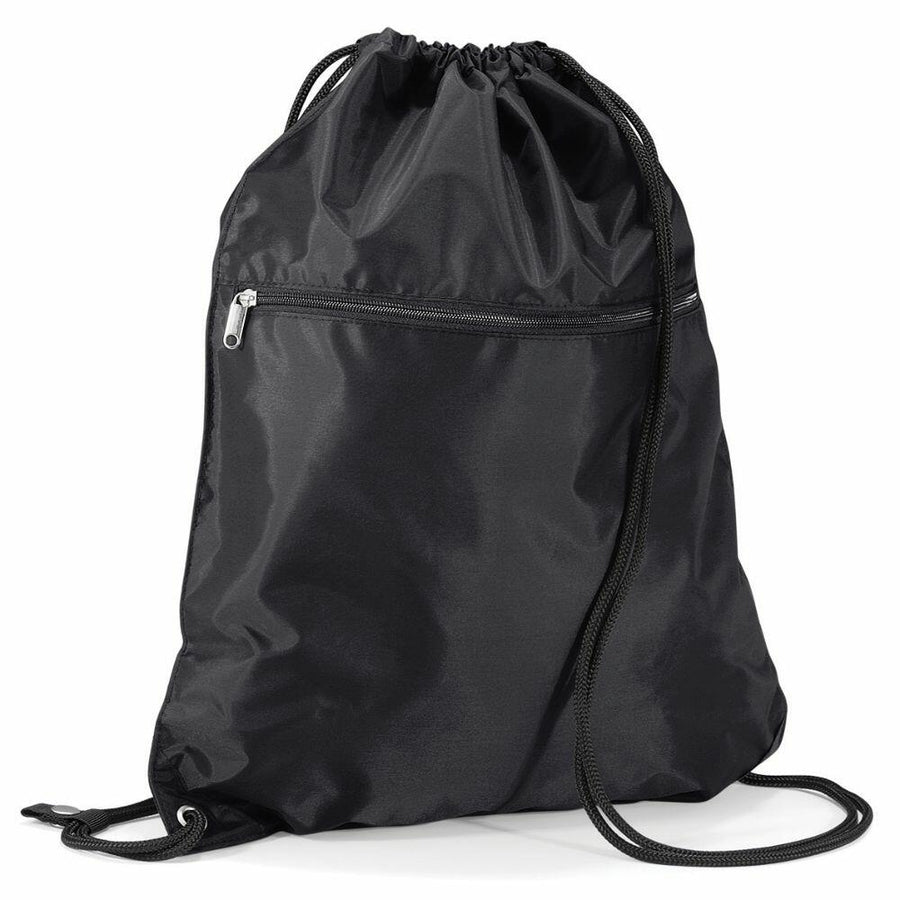A black Quadra QD071 drawstring backpack featuring a front zippered pocket is displayed against a white background.