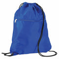The QD071 by Quadra is a blue drawstring backpack featuring a front zipper pocket. It has black straps that extend from the top corners, making it easy to carry over the shoulders.