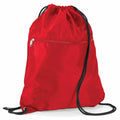 The Quadra QD071, a red drawstring backpack featuring a front zipper pocket, is displayed against a white background.