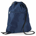 A Quadra QD071 drawstring backpack in navy blue, featuring a front zipper pocket and black drawstrings.