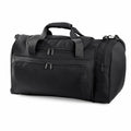 A Quadra QD074 duffel bag in black, featuring dual handles, a detachable shoulder strap, and multiple zippered compartments, set against a white background.