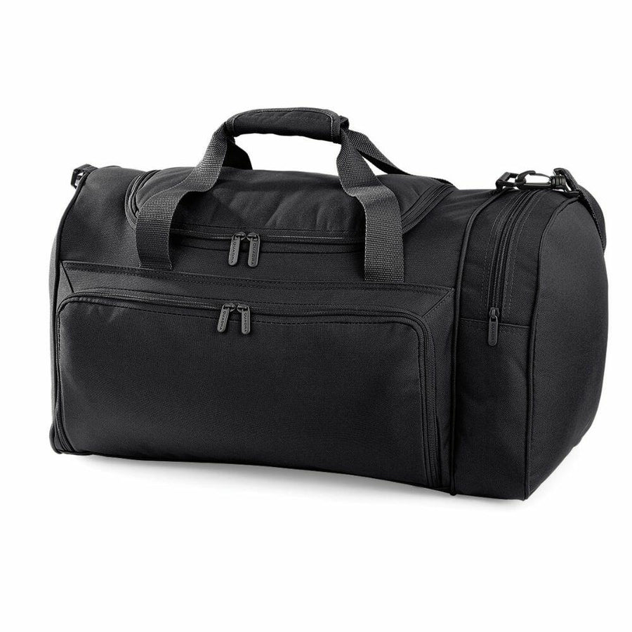 A Quadra QD074 duffel bag in black, featuring dual handles, a detachable shoulder strap, and multiple zippered compartments, set against a white background.