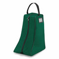 The Quadra QD086 is a green fabric shoe bag equipped with a black zipper and handle, featuring a small clear pocket on the side.