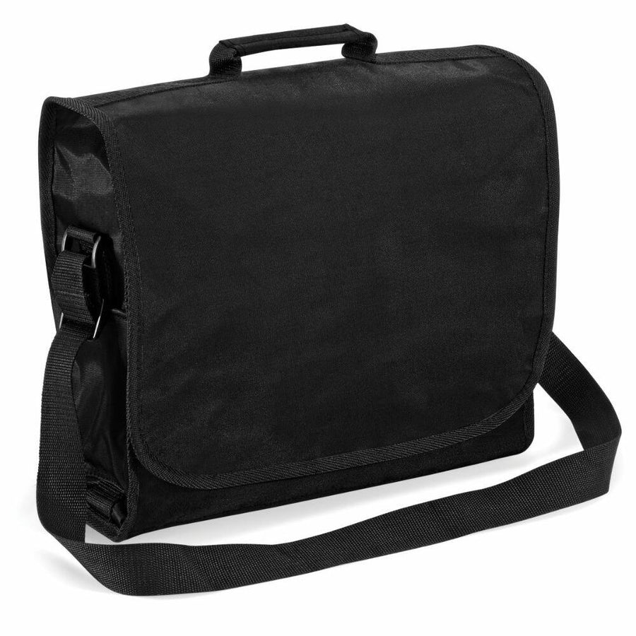 A Quadra QD090 messenger bag in black featuring a flap cover, an adjustable shoulder strap, and a top handle.