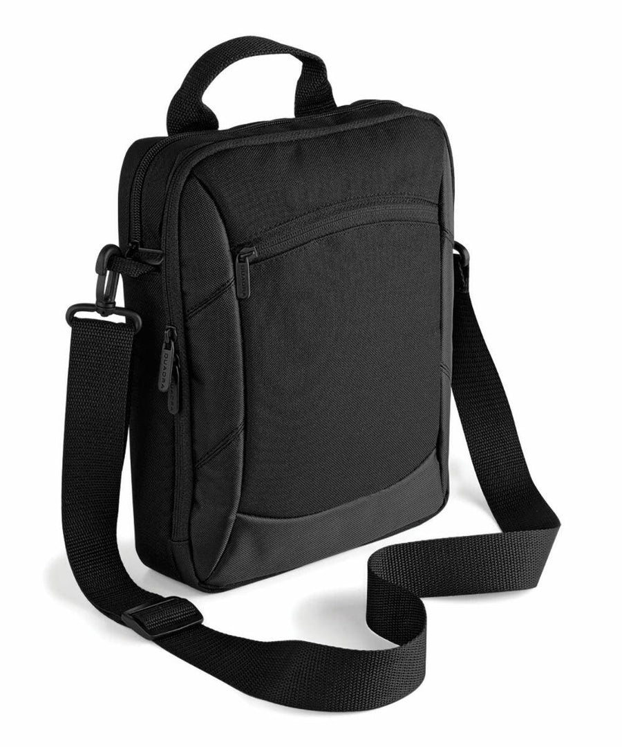 The Quadra QD264 is a black shoulder bag featuring a front zippered pocket, an adjustable strap, and a top handle.