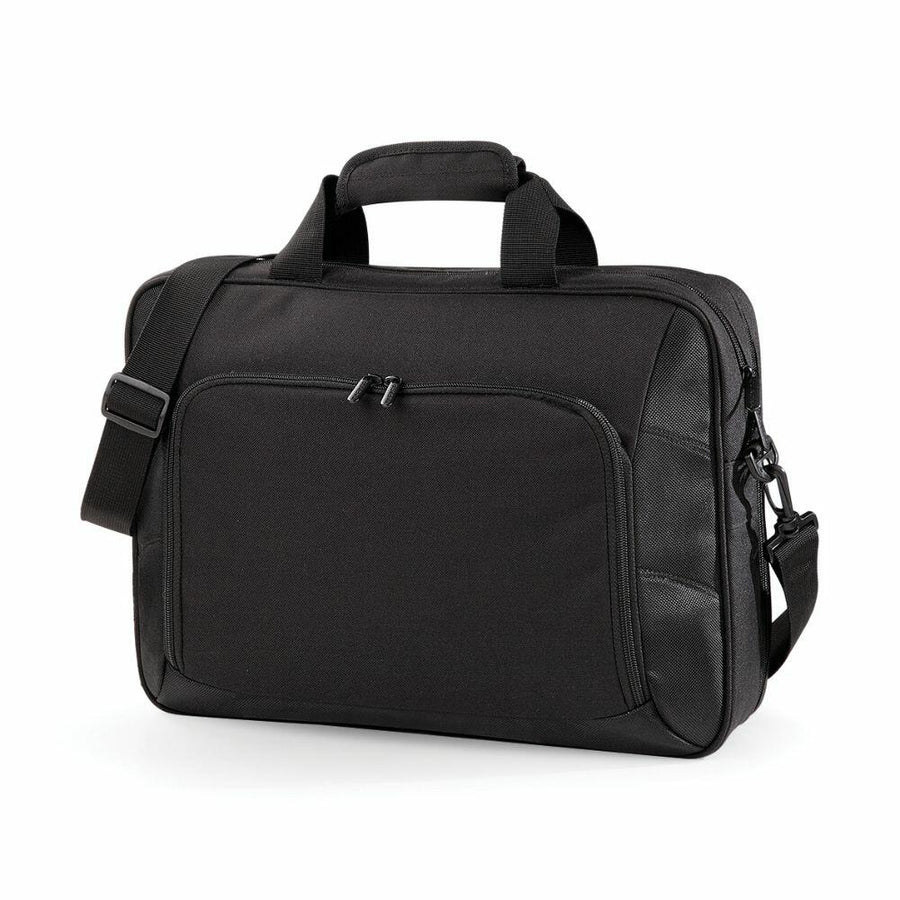 The Quadra QD268 is a black laptop bag featuring a front zipper pocket, a handle, and an adjustable shoulder strap.