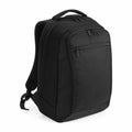 A Quadra QD269 black backpack featuring multiple zippered compartments and a handle on top, showcased against a white background.