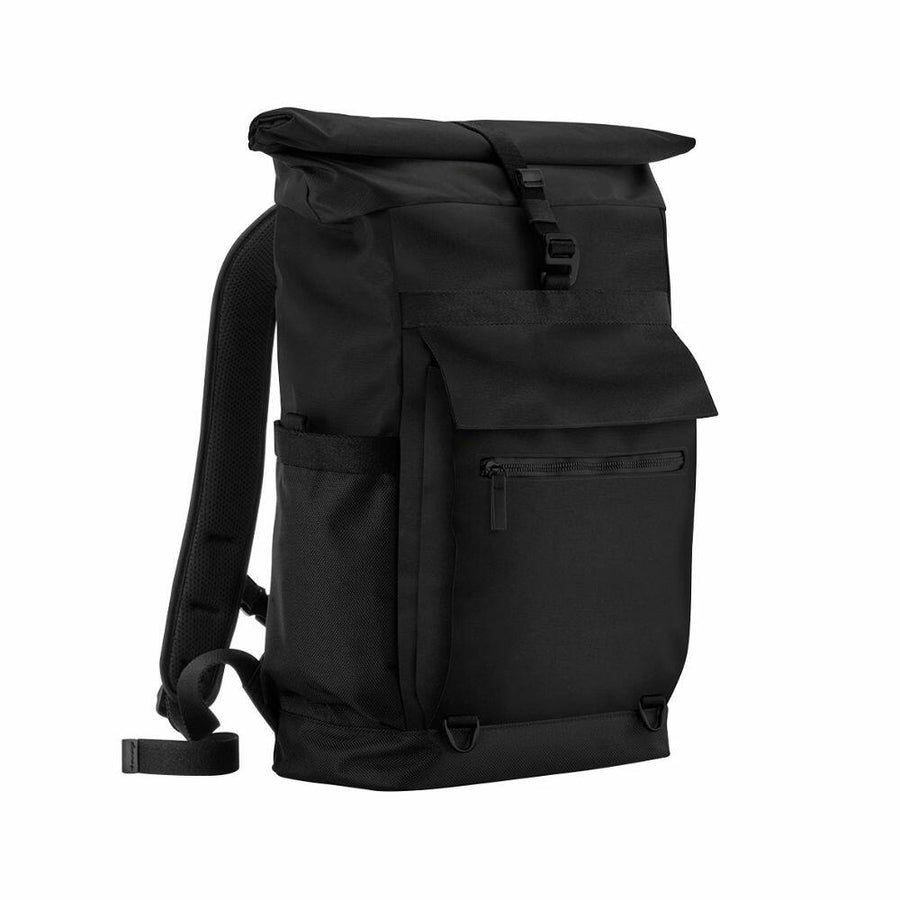 The Quadra QD275 is a black backpack featuring a roll-top closure, front zip pocket, and padded shoulder straps.