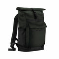A backpack with a roll-top design, dark green color, black straps, and a front zipper pocket by Quadra, product code QD275.