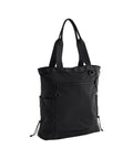 Bags: A black tote with two handles, front zippered pocket, and adjustable side drawstrings, displayed on a plain white background.
