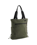 Bags: Green tote bag with black handles, front zip pocket, and side drawstring details shown on a white background.
