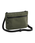 A Bags crossbody in olive green features a black adjustable strap, front zippered pocket, and black zip pulls, displayed on a white background.