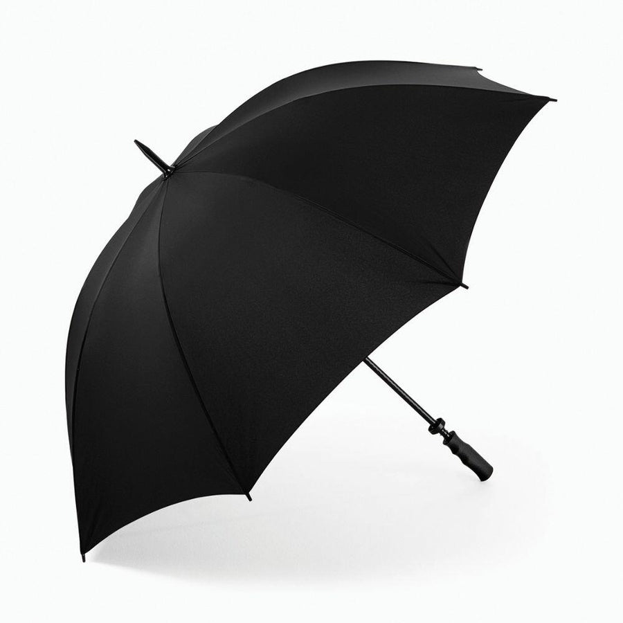 A Quadra QD360 umbrella, featuring a black canopy and a curved handle, open against a plain white background.