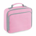 The Quadra QD435 is a pink fabric lunch bag featuring a gray zipper and handle, complete with a front pocket.