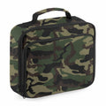 The product shown is the QD435 by Quadra, a lunch bag designed with a camo-patterned exterior featuring multiple shades of green, brown, and black. It includes a handle and a front zipper pocket for convenience.