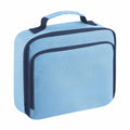 The Quadra QD435 is a light blue, square-shaped lunch bag featuring a dark blue zipper and handle, designed with two main compartments for storage.
