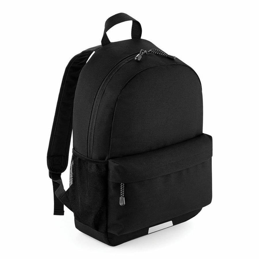 The Quadra QD445 is a plain black backpack featuring a front pocket and two adjustable straps, displayed on a white background.
