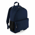 This Quadra QD445 is a navy blue backpack featuring a front pocket, side mesh pocket, and a top handle.