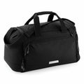 The Quadra QD449 is a black gym bag featuring multiple zippered compartments, two handles, and a shoulder strap.