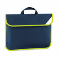 Quadra's QD452 is a blue fabric briefcase-style bag featuring a handle at the top, highlighted with bright yellow trim along the edges. It includes a fold-over flap secured with Velcro and offers a simple, modern design, ideal for carrying documents or a small laptop.