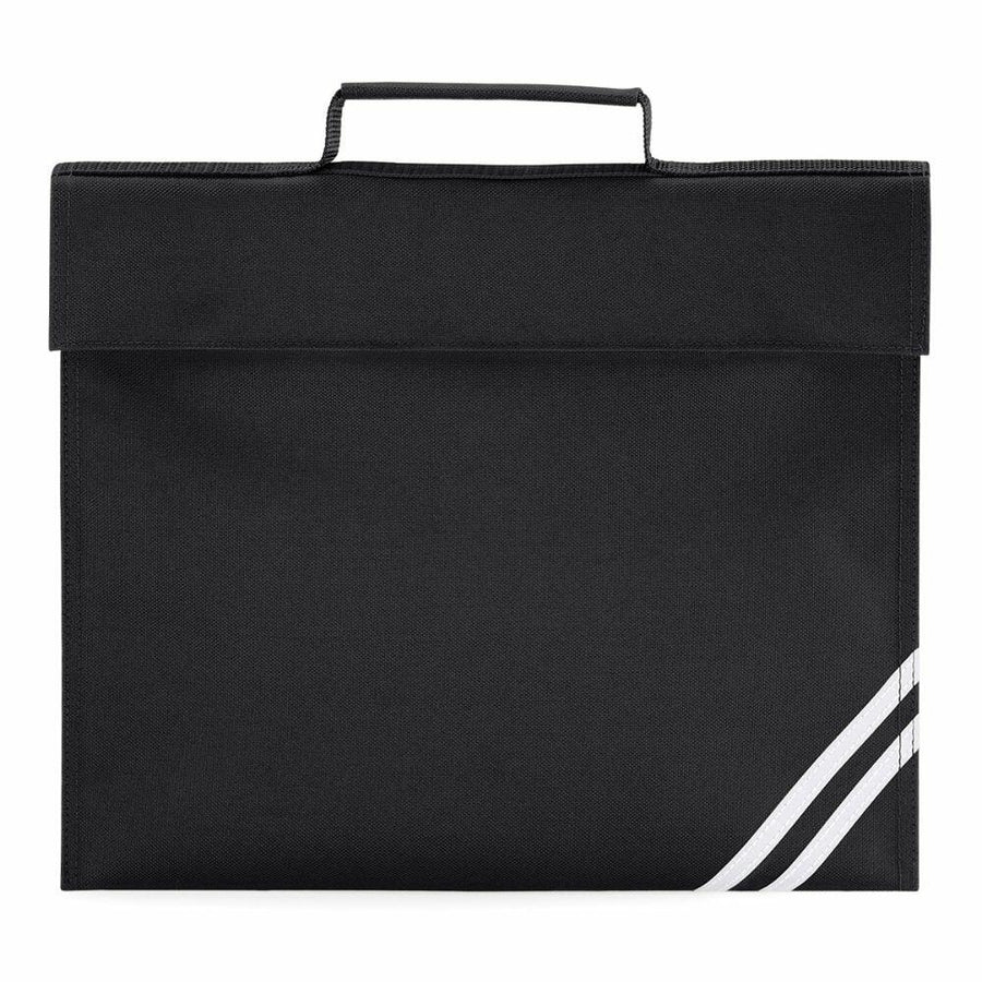 Quadra's QD456 is a black fabric bag featuring a handle and two diagonal white stripes in the bottom corner.
